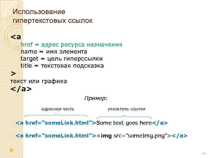 Использование гипертекстовых ссылок <a href = адрес ресурса назначения name = имя элемента target