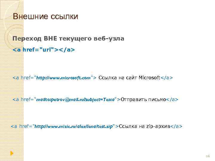 Внешние ссылки Переход ВНЕ текущего веб-узла <a href="url"></a> <a href="http: //www. microsoft. com"> Ссылка