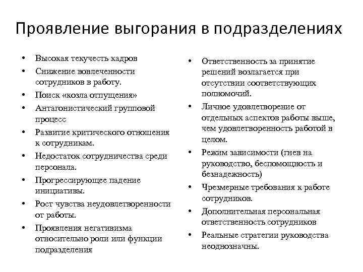 Проявление выгорания в подразделениях • • • Высокая текучесть кадров Снижение вовлеченности сотрудников в