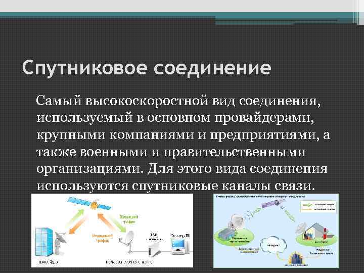 Спутниковое соединение Самый высокоскоростной вид соединения, используемый в основном провайдерами, крупными компаниями и предприятиями,