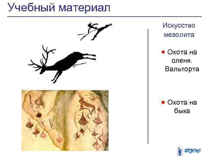 Учебный материал Искусство мезолита · Охота на оленя. Вальторта · Охота на быка 