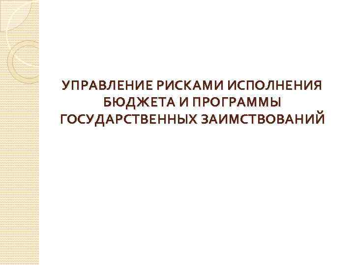 УПРАВЛЕНИЕ РИСКАМИ ИСПОЛНЕНИЯ БЮДЖЕТА И ПРОГРАММЫ ГОСУДАРСТВЕННЫХ ЗАИМСТВОВАНИЙ 