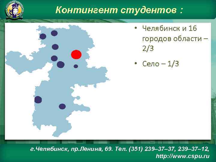 Контингент студентов : • Челябинск и 16 городов области – 2/3 • Село –