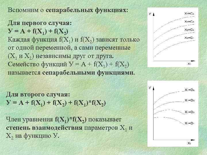 Вспомним о сепарабельных функциях: Для первого случая: У = А + f(X 1) +