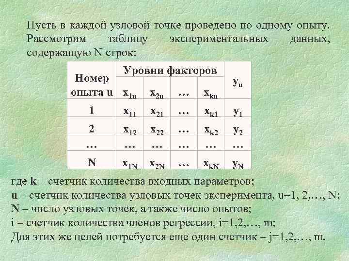 Пусть в каждой узловой точке проведено по одному опыту. Рассмотрим таблицу экспериментальных данных, содержащую