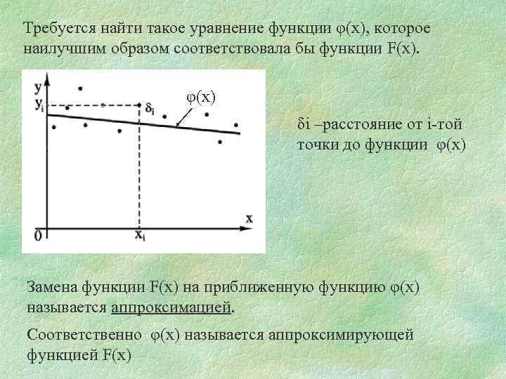 Требуется найти такое уравнение функции φ(х), которое наилучшим образом соответствовала бы функции F(x). φ(х)