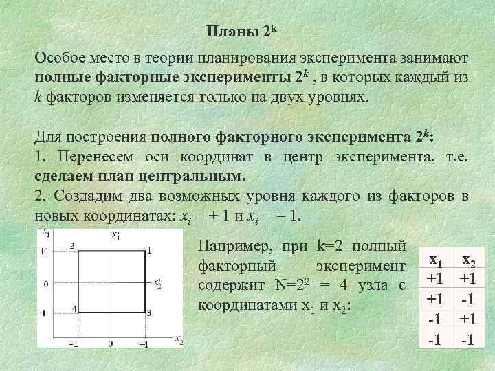 Планы 2 k Особое место в теории планирования эксперимента занимают полные факторные эксперименты 2