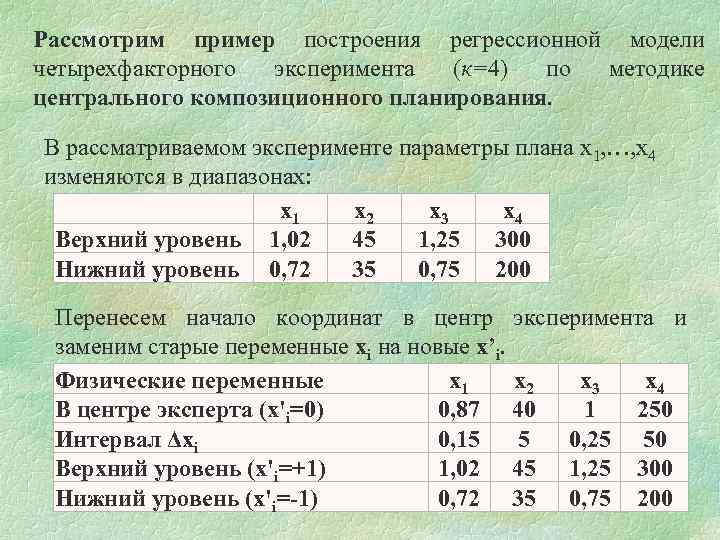 Рассмотрим пример построения регрессионной модели четырехфакторного эксперимента (к=4) по методике центрального композиционного планирования. В