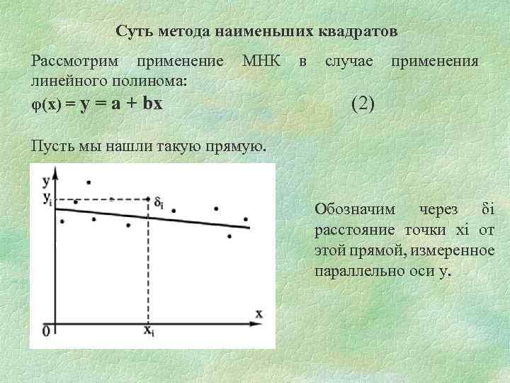 Суть метода наименьших квадратов Рассмотрим применение МНК в случае применения линейного полинома: φ(х) =