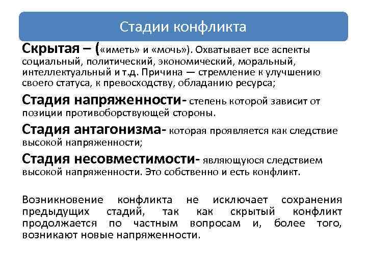 Стадии конфликта Скрытая – ( «иметь» и «мочь» ). Охватывает все аспекты социальный, политический,