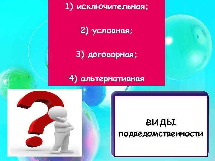 1) исключительная; 2) условная; 3) договорная; 4) альтернативная виды подведомственности 