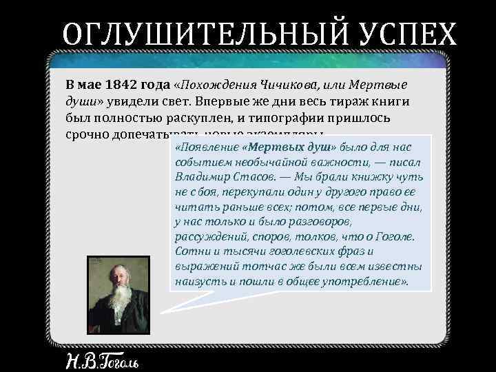 ОГЛУШИТЕЛЬНЫЙ УСПЕХ В мае 1842 года «Похождения Чичикова, или Мертвые души» увидели свет. Впервые