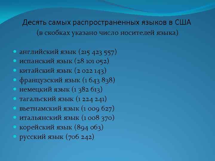 Десять самых распространенных языков в США (в скобках указано число носителей языка) английский язык