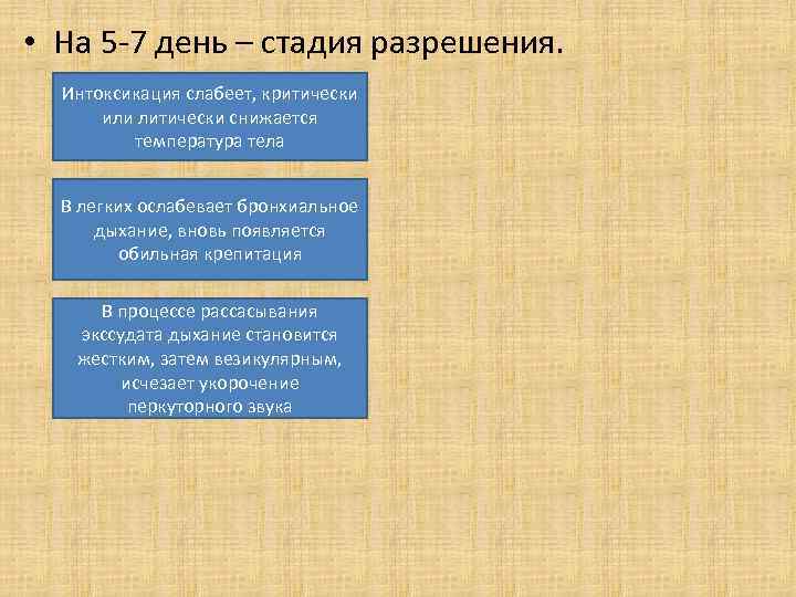  • На 5 -7 день – стадия разрешения. Интоксикация слабеет, критически или литически