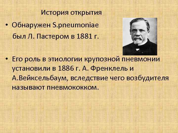 История открытия • Обнаружен S. pneumoniae был Л. Пастером в 1881 г. • Его