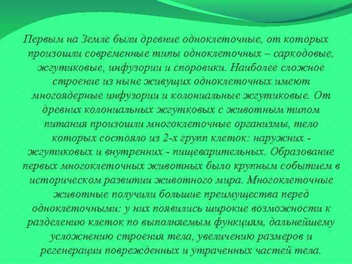 Первым на Земле были древние одноклеточные, от которых произошли современные типы одноклеточных – саркодовые,