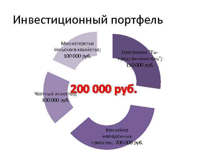 Инвестиционный портфель Министерство сельского хозяйства; 100 000 руб. Программа "Тыпредприниматель"; 150 000 руб. 200