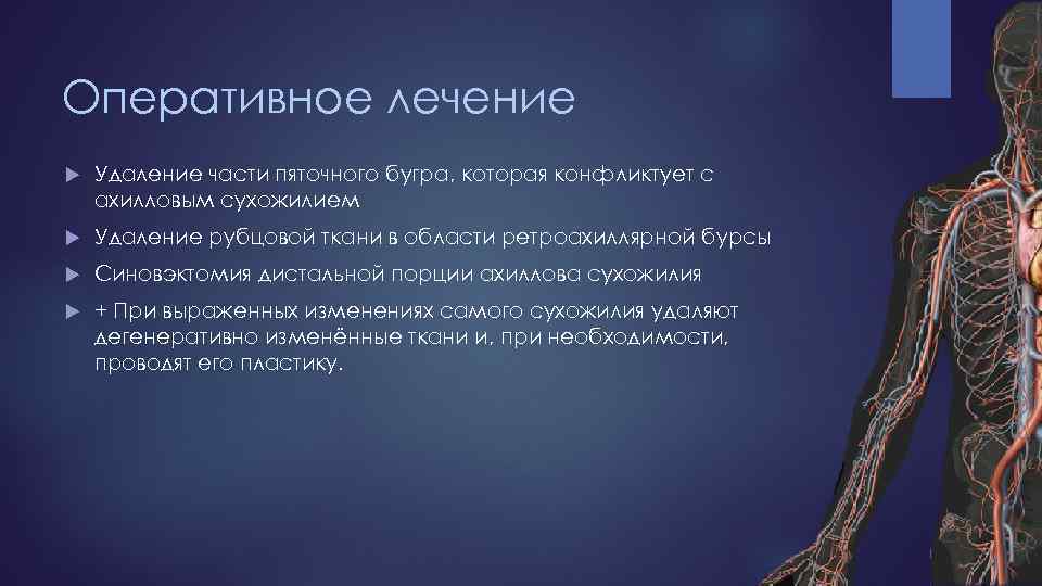 Оперативное лечение Удаление части пяточного бугра, которая конфликтует с ахилловым сухожилием Удаление рубцовой ткани