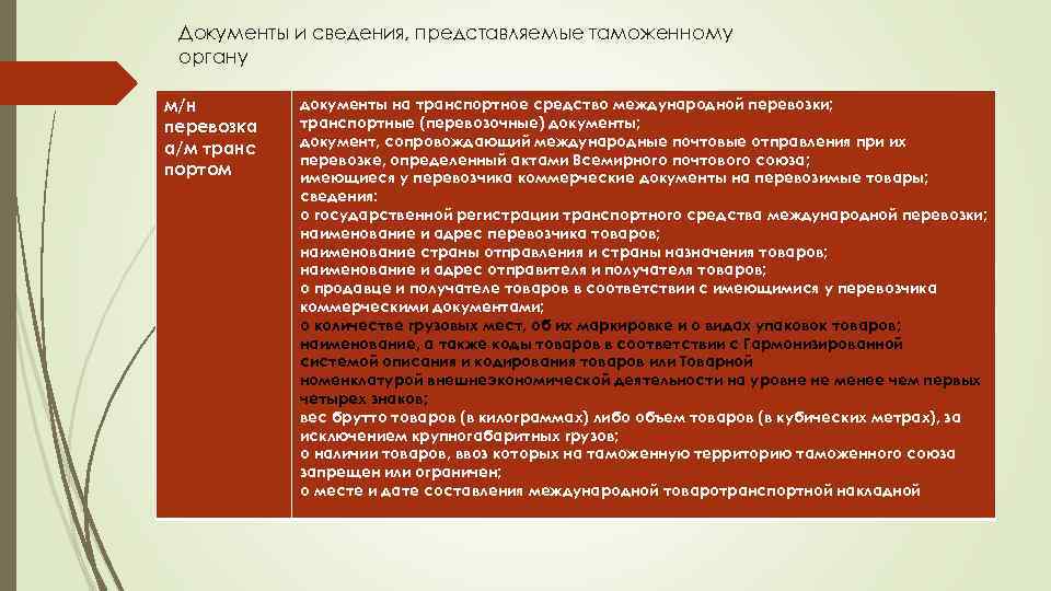 Документы и сведения, представляемые таможенному органу м/н перевозка а/м транс портом документы на транспортное