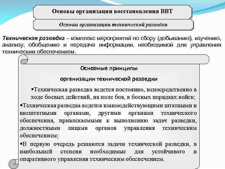 Основы организации восстановления ВВТ Основы организации технической разведки Техническая разведка – комплекс мероприятий по