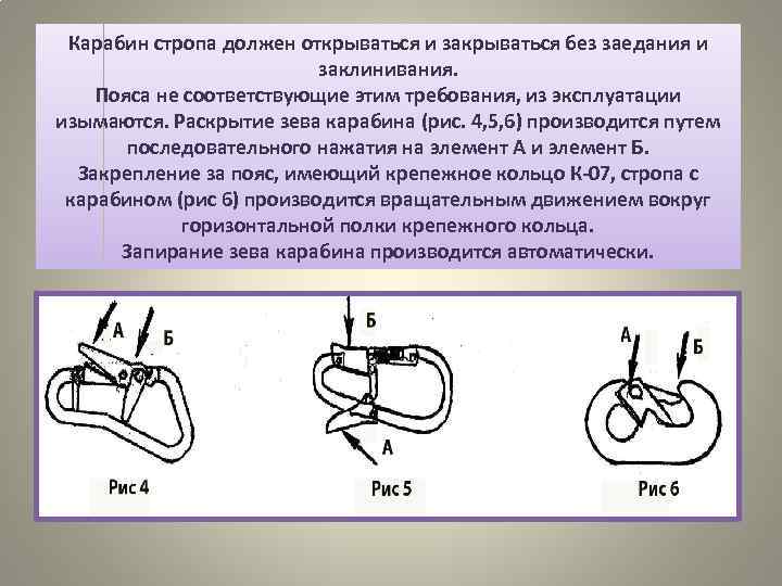 Карабин стропа должен открываться и закрываться без заедания и заклинивания. Пояса не соответствующие этим