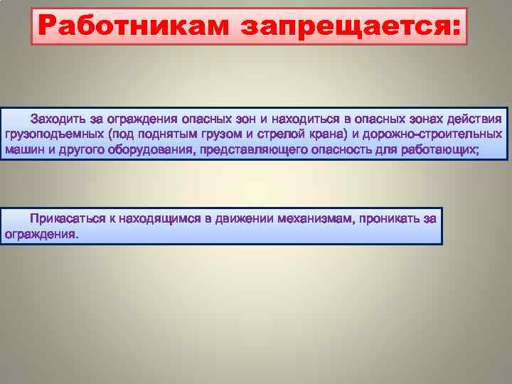 Работникам запрещается: Заходить за ограждения опасных зон и находиться в опасных зонах действия грузоподъемных