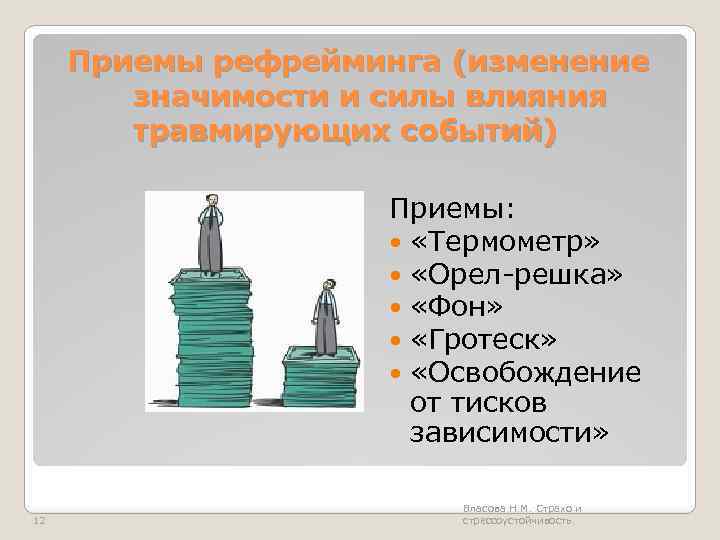 Приемы рефрейминга (изменение значимости и силы влияния травмирующих событий) Приемы: «Термометр» «Орел-решка» «Фон» «Гротеск»