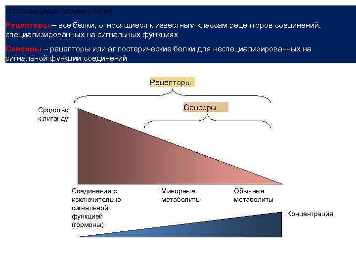 Используемая терминология: Рецепторы – все белки, относящиеся к известным классам рецепторов соединений, специализированных на