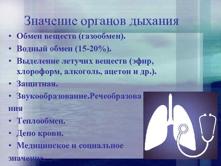 Значение органов дыхания • Обмен веществ (газообмен). • Водный обмен (15 -20%). • Выделение