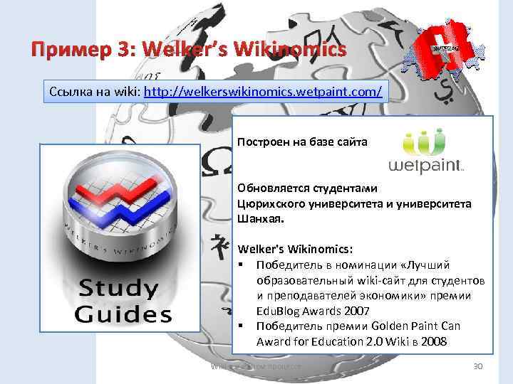 Пример 3: Welker’s Wikinomics Ссылка на wiki: http: //welkerswikinomics. wetpaint. com/ Построен на базе