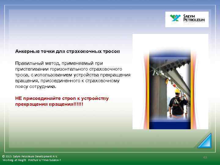  Анкерные точки для страховочных тросов Правильный метод, применяемый пристегивании горизонтального страховочного троса, с