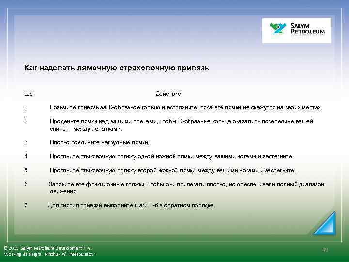  Как надевать лямочную страховочную привязь Шаг Действие 1 Возьмите привязь за D-образное кольцо