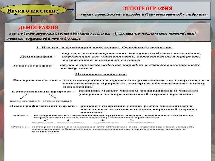 Науки о население: ЭТНОГЕОГРАФИЯ - наука о происхождении народов и взаимоотношениях между ними ДЕМОГРАФИЯ