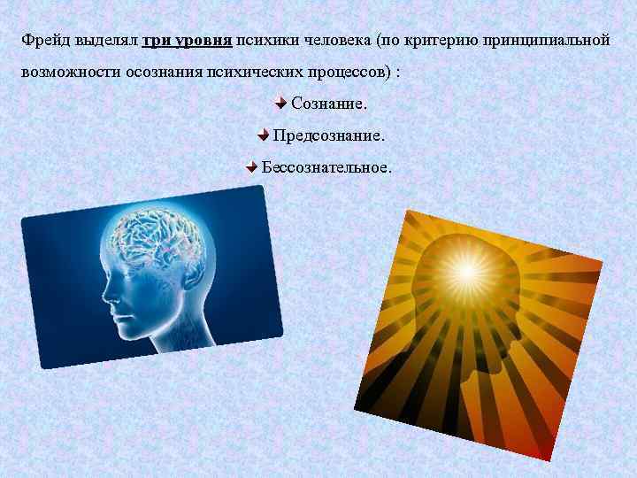 Фрейд выделял три уровня психики человека (по критерию принципиальной возможности осознания психических процессов) :
