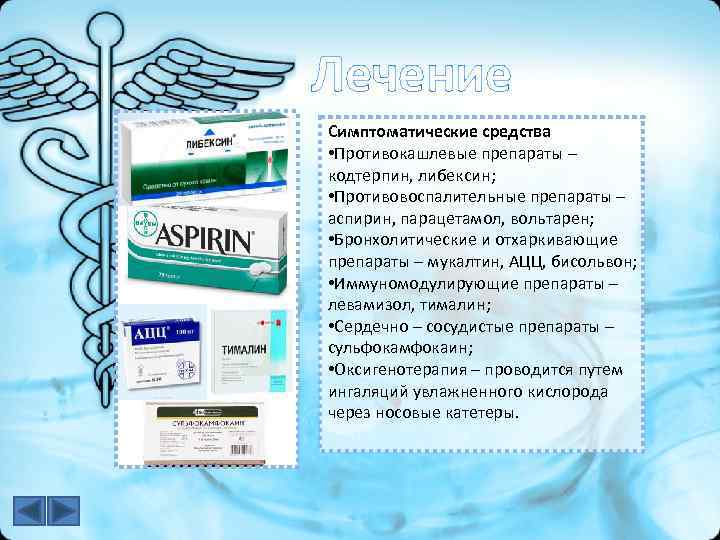 Лечение Симптоматические средства • Противокашлевые препараты – кодтерпин, либексин; • Противовоспалительные препараты – аспирин,