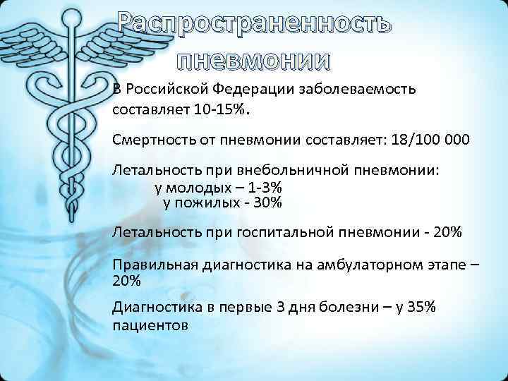 Распространенность пневмонии В Российской Федерации заболеваемость составляет 10 -15%. Смертность от пневмонии составляет: 18/100