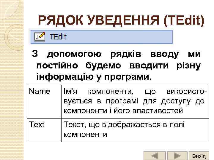РЯДОК УВЕДЕННЯ (TEdit) З допомогою рядків вводу ми постійно будемо вводити різну інформацію у