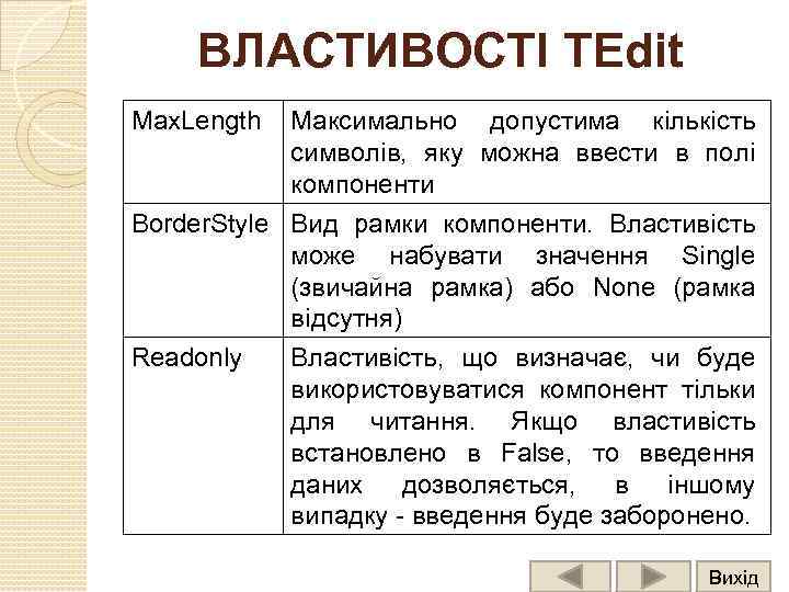 ВЛАСТИВОСТІ TEdit Max. Length Максимально допустима кількість символів, яку можна ввести в полі компоненти