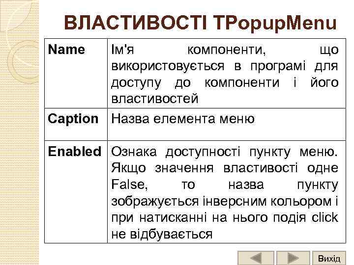 ВЛАСТИВОСТІ TPopup. Menu Name Ім'я компоненти, що використовується в програмі для доступу до компоненти