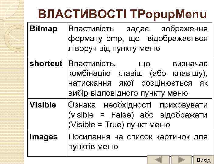 ВЛАСТИВОСТІ TPopup. Menu Bitmap Властивість задає зображення формату bmp, що відображається ліворуч від пункту