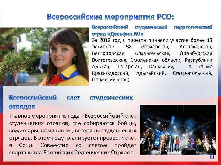 За 2012 год в проекте приняли участие более 13 регионов РФ (Самарская, Астраханская, Белгородская,