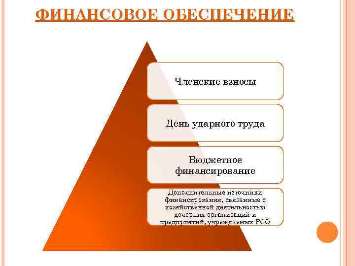 ФИНАНСОВОЕ ОБЕСПЕЧЕНИЕ Членские взносы День ударного труда Бюджетное финансирование Дополнительные источники финансирования, связанные с