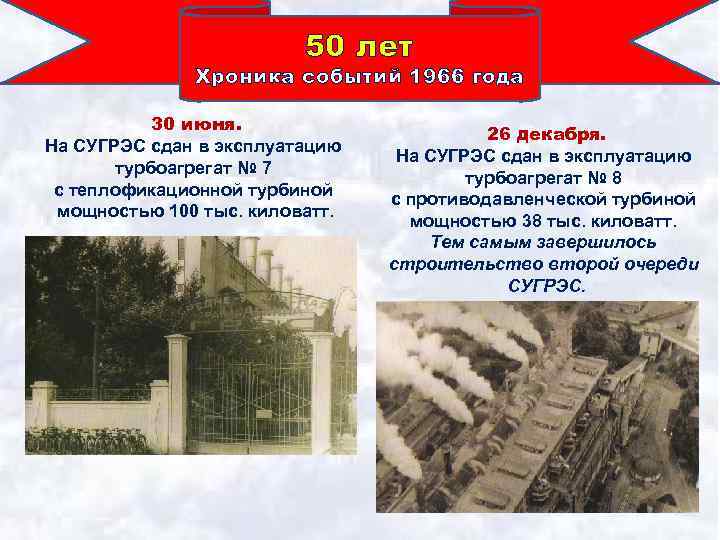 50 лет Хроника событий 1966 года 30 июня. На СУГРЭС сдан в эксплуатацию турбоагрегат