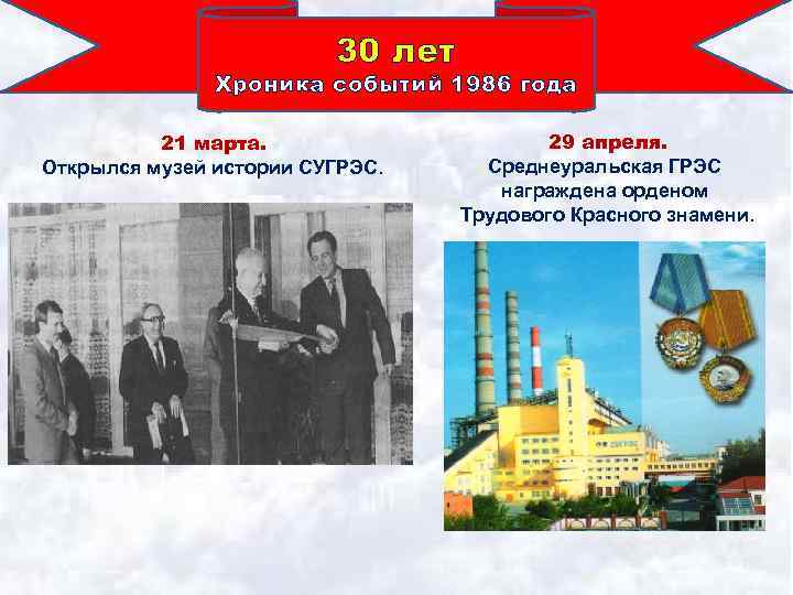 30 лет Хроника событий 1986 года 21 марта. Открылся музей истории СУГРЭС. 29 апреля.