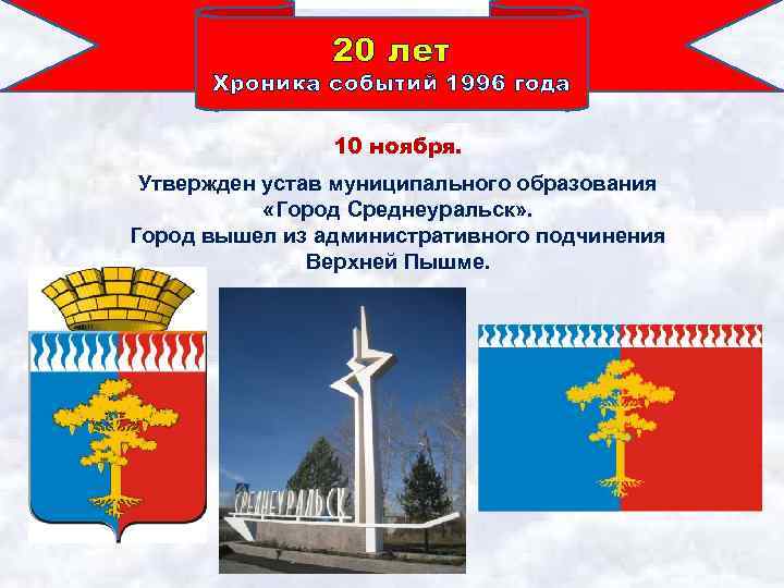 20 лет Хроника событий 1996 года 10 ноября. Утвержден устав муниципального образования «Город Среднеуральск»