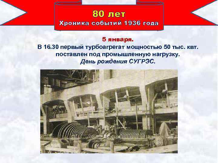 80 лет Хроника событий 1936 года 5 января. В 16. 30 первый турбоагрегат мощностью