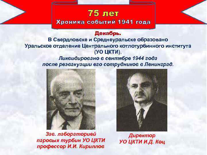 75 лет Хроника событий 1941 года Декабрь. В Свердловске и Среднеуральске образовано Уральское отделение