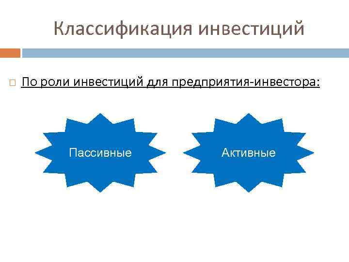 Классификация инвестиций По роли инвестиций для предприятия-инвестора: Пассивные Активные 