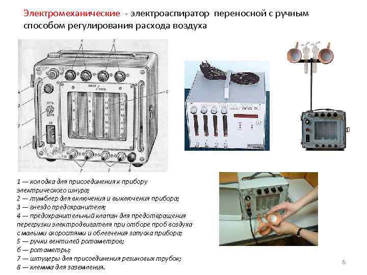 Электромеханические - электроаспиратор переносной с ручным способом регулирования расхода воздуха 1 — колодка для