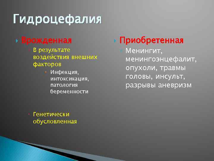 Гидроцефалия Врожденная В результате воздействия внешних факторов Инфекция, интоксикация, патология беременности Генетически обусловленная Приобретенная